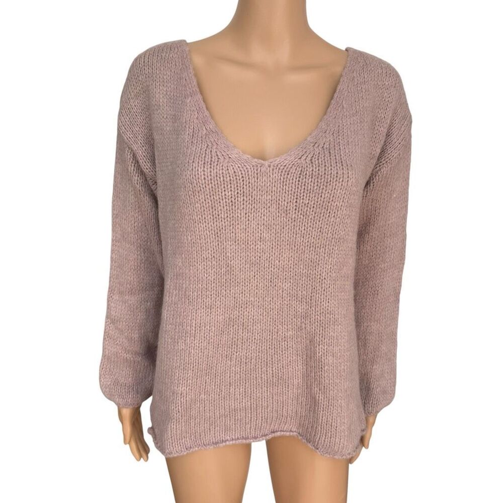 Baci Italy Alpaca Virgin Wool Oversized V Neck Knit Sweater Mauve Taupe Sz M/L